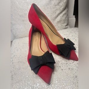 Red Kitten Heels with Black bow appliqué
